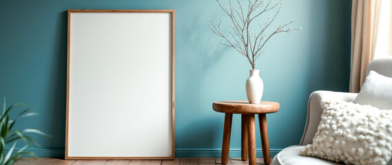 blank white in wooden frame against teal wall