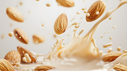 Fototapeta premium A few almond nuts fall into the chocolate milk 