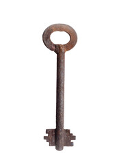 old rusty key covered with a thick layer of corrosion on an isolated white background