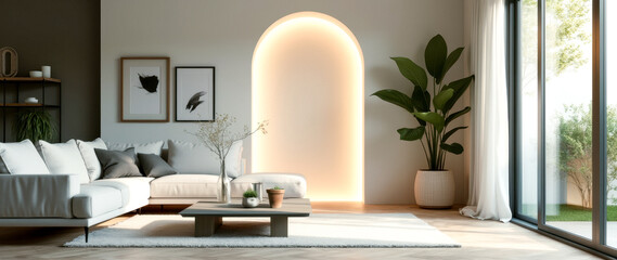 modern living room interior with sofa and warm sunlight