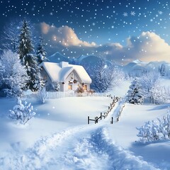 Fototapeta premium Cozy Christmas cottage shining under falling white snow image