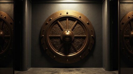 A large, ornate bank vault door with intricate designs and a central locking mechanism.