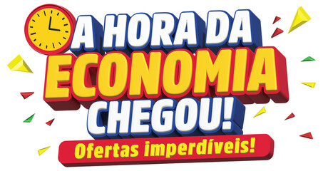 Logotema , selo 3d a hora da economia chegou! Ofertas imperdíveis. Logo para composição de arte de ofertas isolado no fundo branco