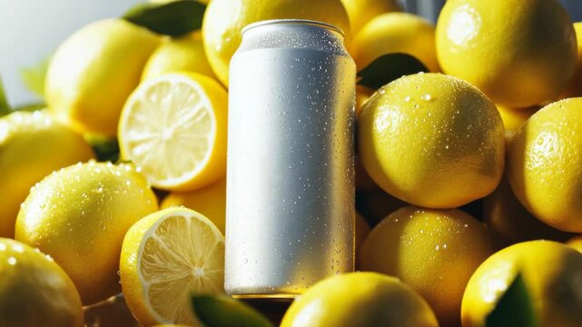 A white tin can with condensation in the form of water droplets surrounded by whole and sliced ​​yellow lemons. The lively composition highlights the energetic, refreshing and invigorating flavours.