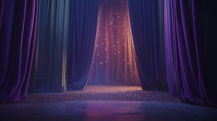 A dimly lit theater stage with elegant purple curtains and warm lighting.