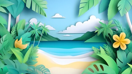 Paper cut art of a tropcial beach landscape