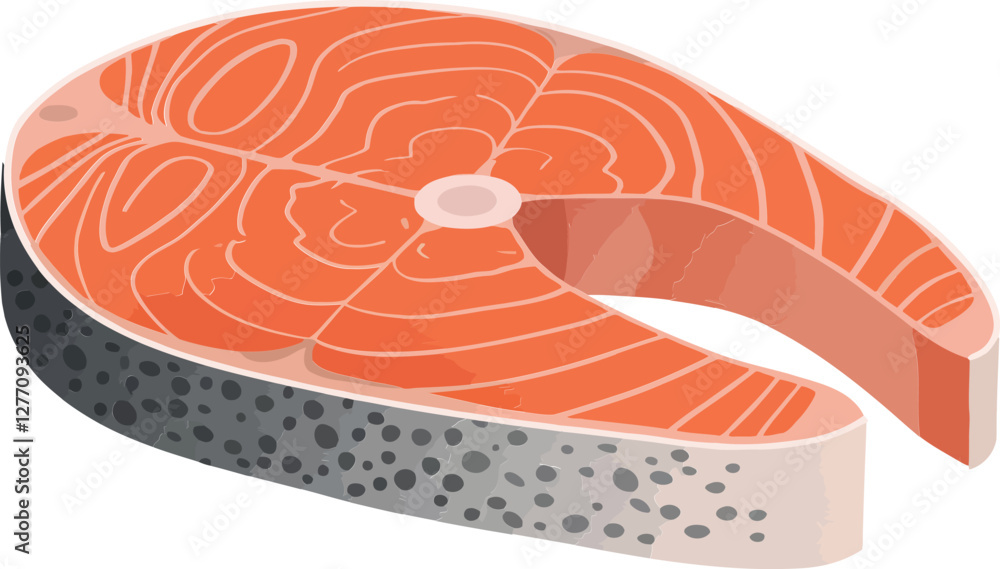 Poster fresh salmon steak displayed in a flat design style showcasing vibrant colors and textures in vector