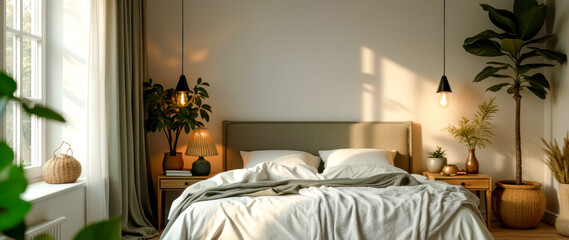 sunlit bedroom with white bedding potted plants and warm lighting