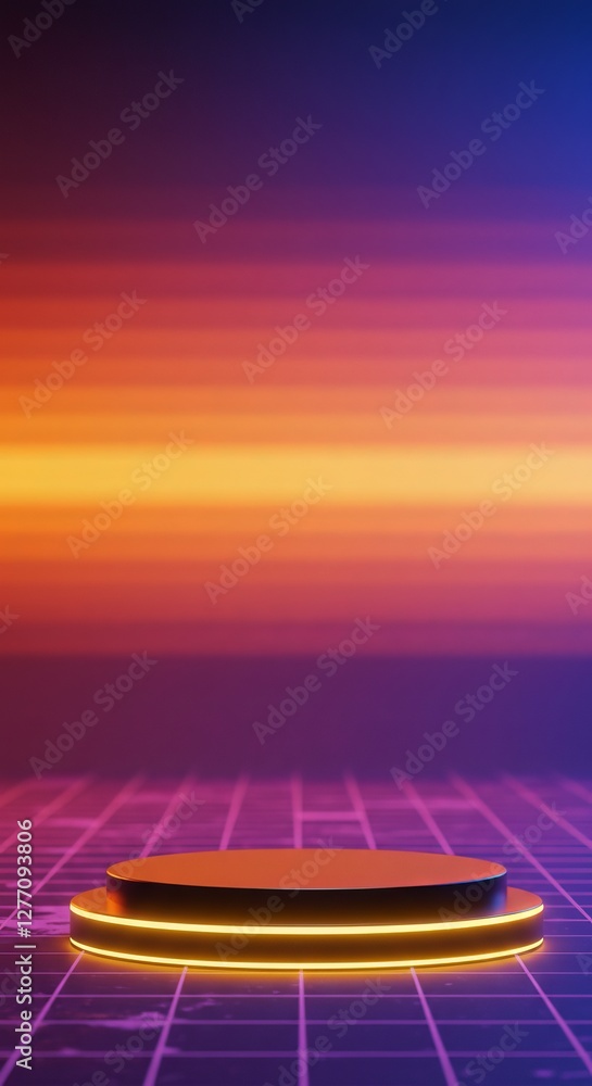 Poster futuristic neon lit platform on grid floor with vibrant gradient background
