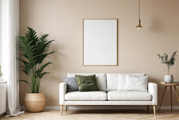 A stylish reading nook featuring a cozy armchairs with a pillow, a framed mockup for artwork on the wall. Modern design. Beige color