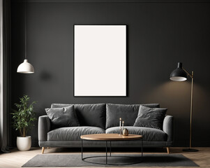 A stylish reading nook featuring a cozy armchairs with a pillow, a framed mockup for artwork on the wall. Modern design. Grey color