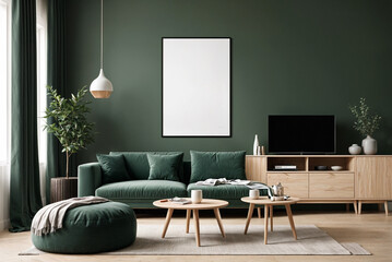 A stylish reading nook featuring a cozy armchairs with a pillow, a framed mockup for artwork on the wall. Modern design. Green color