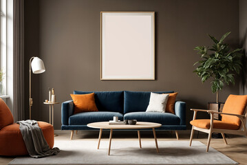 A stylish reading nook featuring a cozy armchairs with a pillow, a framed mockup for artwork on the wall. Modern design. Brown color