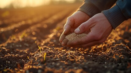 Planting seeds in fertile soil during sunset to nurture a thriving crop for a bountiful harvest in the countryside