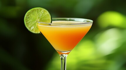 Fototapeta premium Vibrant tropical cocktail garnished with lime slice served in a crystal glass outdoors on a sunny day