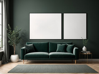 A stylish reading nook featuring a cozy armchairs with a pillow, a framed mockup for artwork on the wall. Modern design. Green color