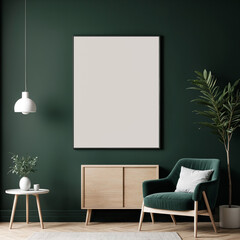 A stylish reading nook featuring a cozy armchairs with a pillow, a framed mockup for artwork on the wall. Modern design. Green color