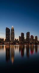 Obraz premium Modern cityscape at dusk with illuminated skyscrapers and reflective waterfront