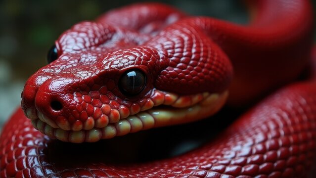 A close-up of a vibrant red blood python with detailed scales and piercing eyes.
