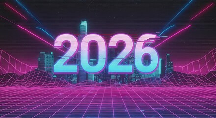 Futuristic digital landscape with 2026 neon glow and retro cyberpunk cityscape