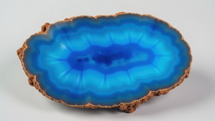 A polished blue agate slice with concentric layers of vibrant blue and brown edges.