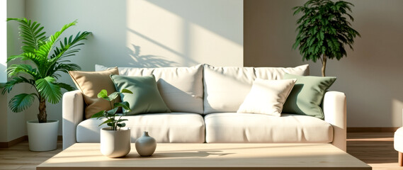 white sofa with green and beige pillows in a sunlit living room