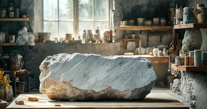 A large, raw stone sits on a wooden table in a sculptor's workshop, bathed in sunlight.