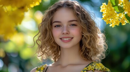 Fototapeta premium Arafed woman with curly hair adorned with yellow flowers, gracefully posing in a vibrant park surrounded by lush greenery and colorful blooms.