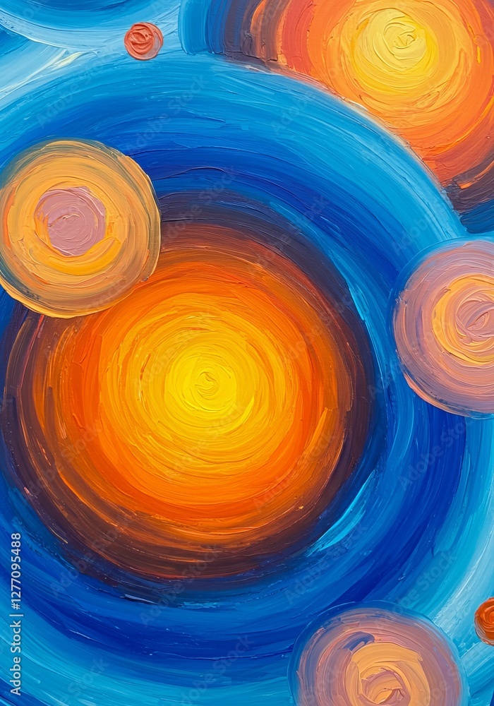 Poster vibrant abstract swirls in blue and orange with circular patterns