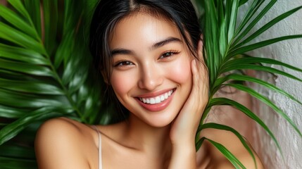 Naklejka premium A cheerful woman playfully holds a green leaf in front of her face, embodying nature and joy in a vibrant setting.