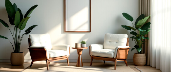 two armchairs with wooden frames in a sunlit room