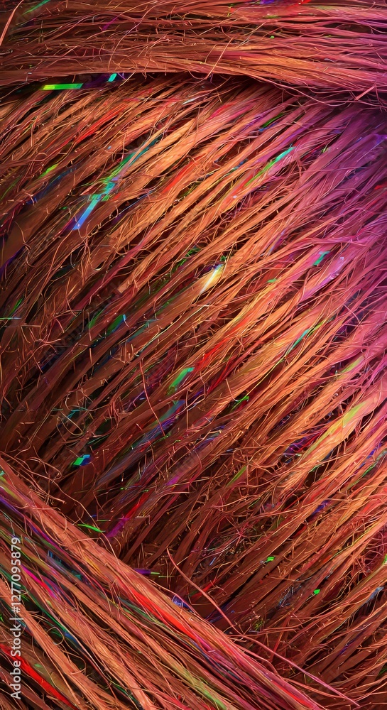 Poster abstract close-up of vibrant multicolored fiber strands with intertwined textures and intricate patt