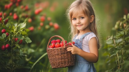 A joyful little girl carries a basket filled with fresh strawberries while standing in a vibrant green field under a clear blue sky.