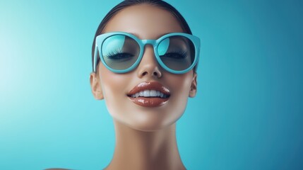 Fototapeta premium A woman wearing blue sunglasses poses against a vibrant blue background, showcasing a stylish and modern aesthetic.