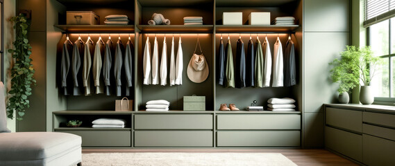 modern walk-in closet with sage green cabinets and organized clothing