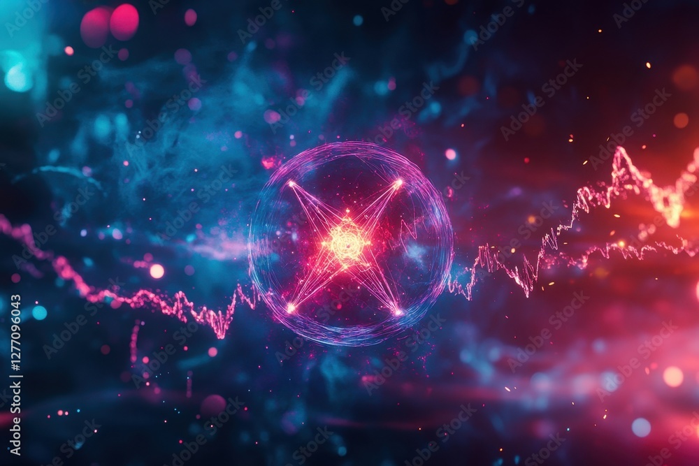 Poster vivid representation of atomic structure with colorful energy waves in a cosmic setting