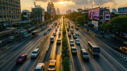 Obraz premium Traffic on highway road in morning time sun light