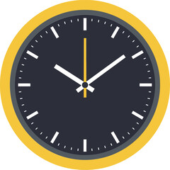 Round wall clock design with bold yellow border, minimalistic black face, white hands, and simple tick marks showcasing time in elegant vector art