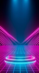 Fototapeta premium Futuristic neon grid stage with vibrant pink and blue lighting in retro sci-fi style