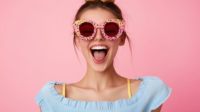 A woman in a blue dress and pink sunglasses playfully poses, showcasing a humorous expression that captures a lighthearted moment.