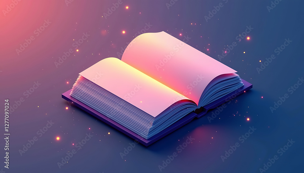 Poster open book with glowing pages against a colorful background