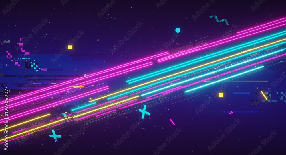 Poster dynamic neon light streaks on dark background with futuristic geometric patterns