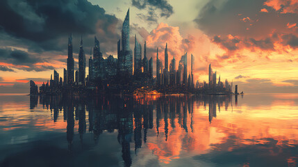 Naklejka premium A stunning futuristic city emerging from the ocean, reflecting in the water with a dramatic sky, creating a surreal fantasy scene. Phantasmagoric Dream City. Illustration