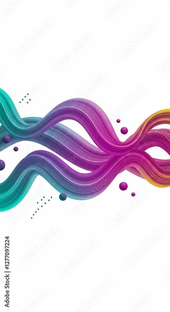 Poster vibrant abstract fluid waves intertwined with colorful spheres and dynamic movement