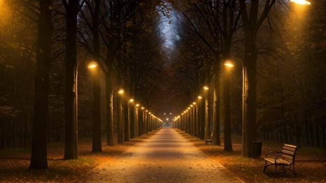 Illuminated Pathway in Autumn Park at Dusk