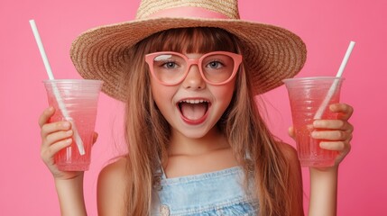A girl wearing a straw hat and glasses is joyfully holding two colorful plastic cups, embodying a vibrant summer spirit.
