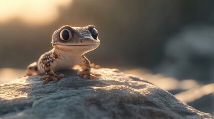 Fototapeta premium Adorable gecko basking on a rock at sunset.