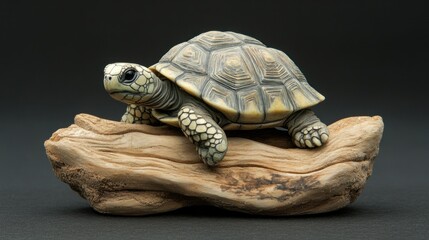Obraz premium A young yellow-footed tortoise perched on a piece of driftwood against a dark background.