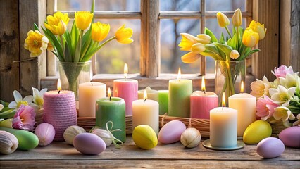 A group of decorative Easter candles in various pastel shades, placed on a rustic wooden surface with blooming tulips and daffodils, soft morning light streaming through a window, peaceful mood