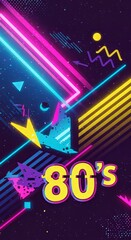 Obraz premium Vibrant retro 80s neon background with colorful geometric patterns and bold typography